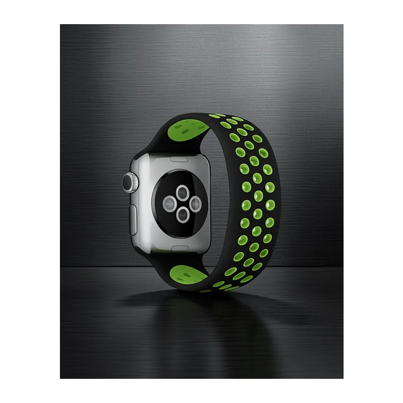 Apple Watch 42mm Ayarlı Delikli Silikon Kordon - Siyah-yeşil