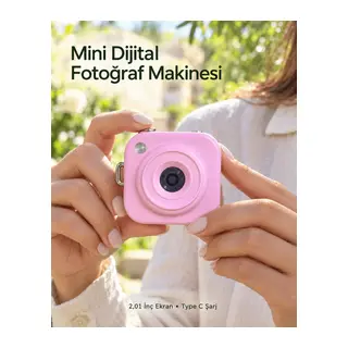 Type C Şarjlı Pembe Mini Fotoğraf Makinesi Taşıma Askılı Dijital Kamera