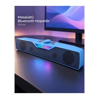 RGB Işıklı Bluetooth 5.4 Masaüstü Soundbar Hoparlör USB ve TF Kart Destekli Mavi