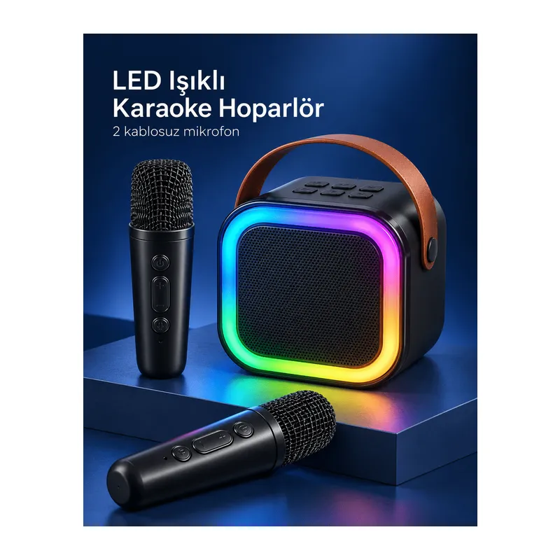 Çift Kablosuz Mikrofonlu LED Işıklı Bluetooth Karaoke Hoparlör Seti