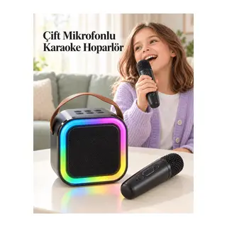 Renkli LED Aydınlatmalı Taşınabilir Bluetooth Hoparlör ve 2 Mikrofon Seti
