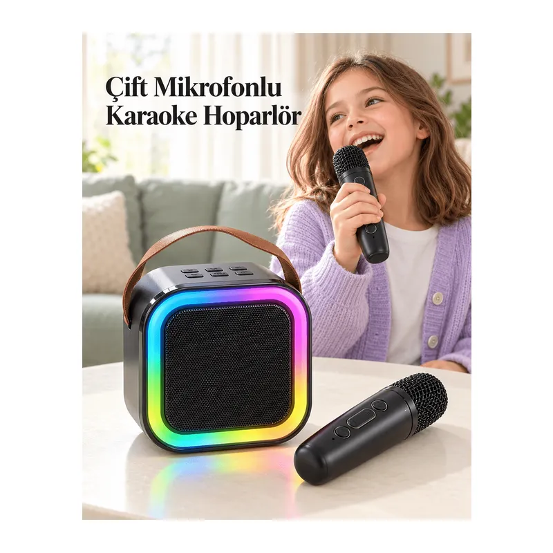 Renkli LED Aydınlatmalı Taşınabilir Bluetooth Hoparlör ve 2 Mikrofon Seti