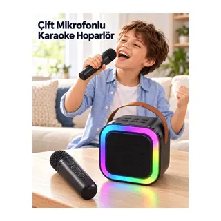 Evde Karaoke İçin Çift Mikrofonlu Şarj Edilebilir Kablosuz Hoparlör