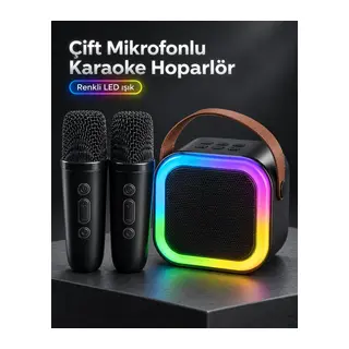 Taşıma Askılı Siyah LED Işıklı Bluetooth Hoparlör Çift Mikrofonlu Karaoke Seti