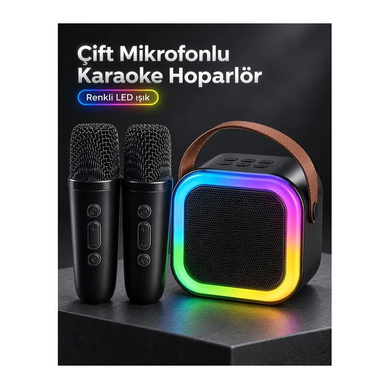 Taşıma Askılı Siyah LED Işıklı Bluetooth Hoparlör Çift Mikrofonlu Karaoke Seti