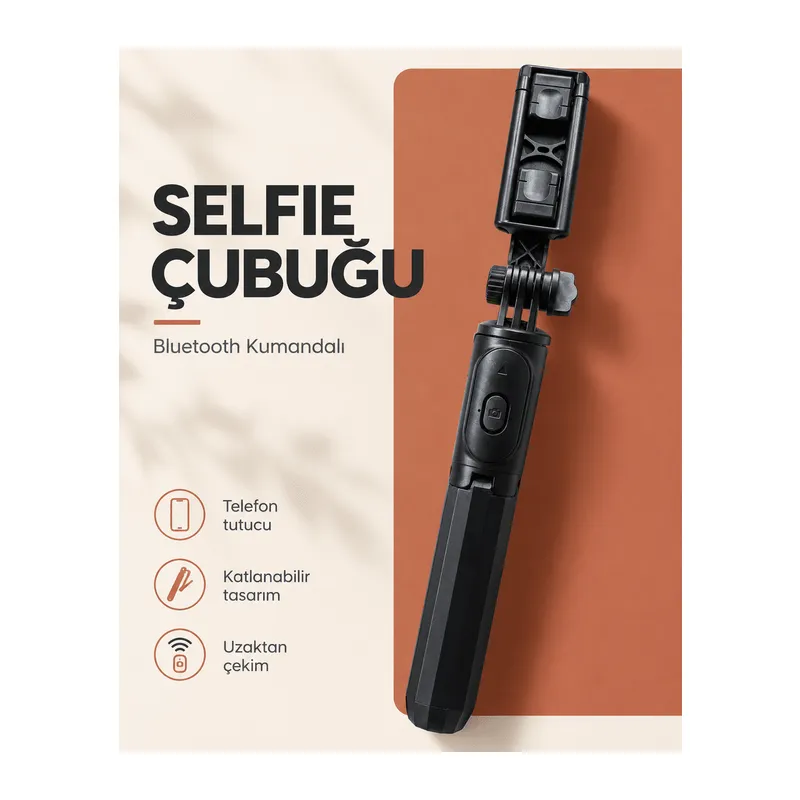 Bluetooth Kumandalı Katlanabilir Selfie Çubuğu ve Telefon Tutucu
