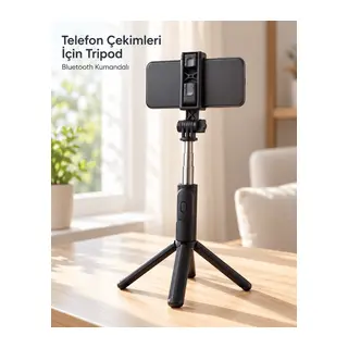 Seyahat ve Günlük Kullanım İçin Bluetooth Kumandalı Siyah Selfie Çubuğu