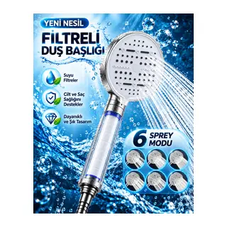 Modern Tasarımlı 6 Modlu Filtreli Duş Başlığı Büyük Panel Metalik Beyaz Duş Aparatı