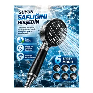 6 Sprey Modlu Filtreli Duş Başlığı Büyük Su Paneli Silikon Nozullu Modern Tasarım