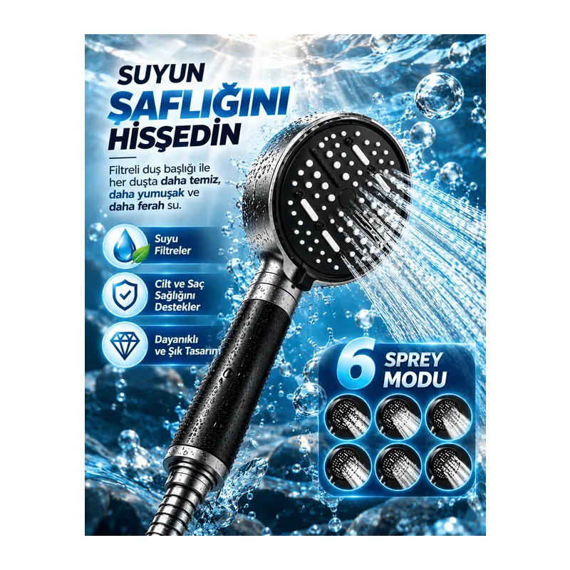 6 Sprey Modlu Filtreli Duş Başlığı Büyük Su Paneli Silikon Nozullu Modern Tasarım