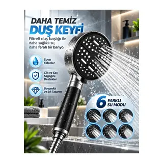 Çok Fonksiyonlu Filtreli Duş Başlığı 6 Farklı Sprey Modu Büyük Panel Siyah