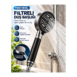 Modern Tasarımlı 6 Modlu Filtreli Duş Başlığı Büyük Panel Metalik Siyah Duş Aparatı