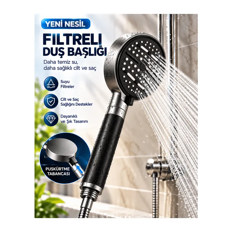 Modern Tasarımlı 6 Modlu Filtreli Duş Başlığı Büyük Panel Metalik Siyah Duş Aparatı