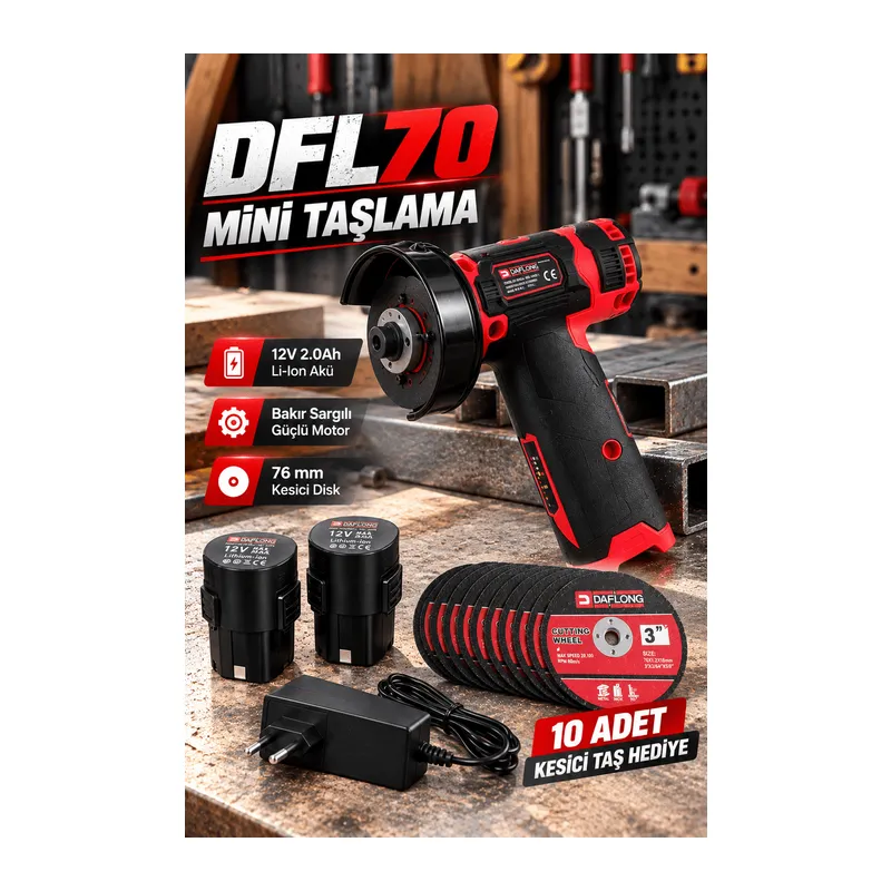 DFL70 12V 2.0Ah Çift Akülü Mini Taşlama Makinesi 76 mm Kesici Disk 10 Adet Taş Hediyeli