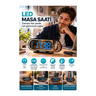 Modern Dijital LED Masa Saati Alarm Özellikli 12 24 Saat Seçenekli Sıcaklık Göstergeli Ekran