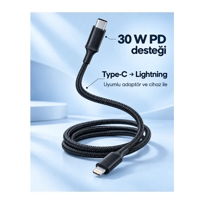 PD Hızlı Şarj Destekli LED Göstergeli Lightning Kablo
