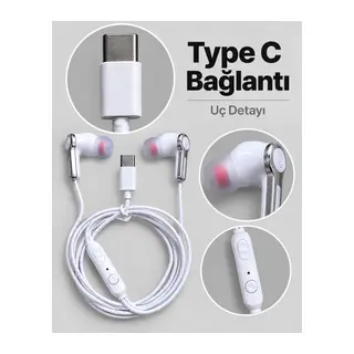 Kumandalı ve Silikon Başlıklı Beyaz Type C Kablolu Kulaklık