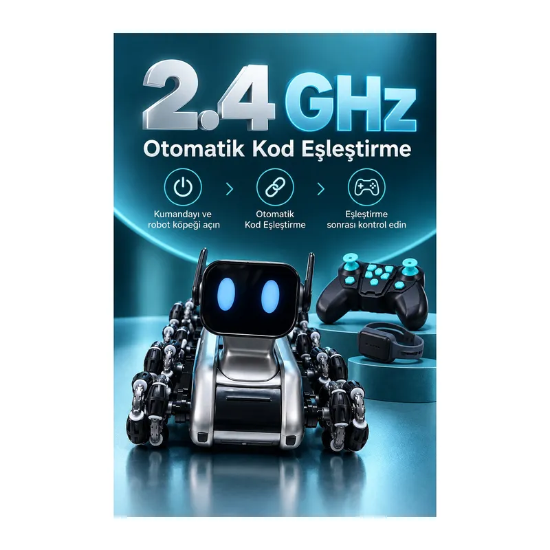 Saat ve El Kumandalı Sekiz Tekerlekli Şarjlı Robot Köpek