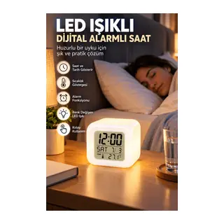 Dekoratif Küp Saat LED Işıklı Dijital Saat Alarm ve Sıcaklık Özellikli