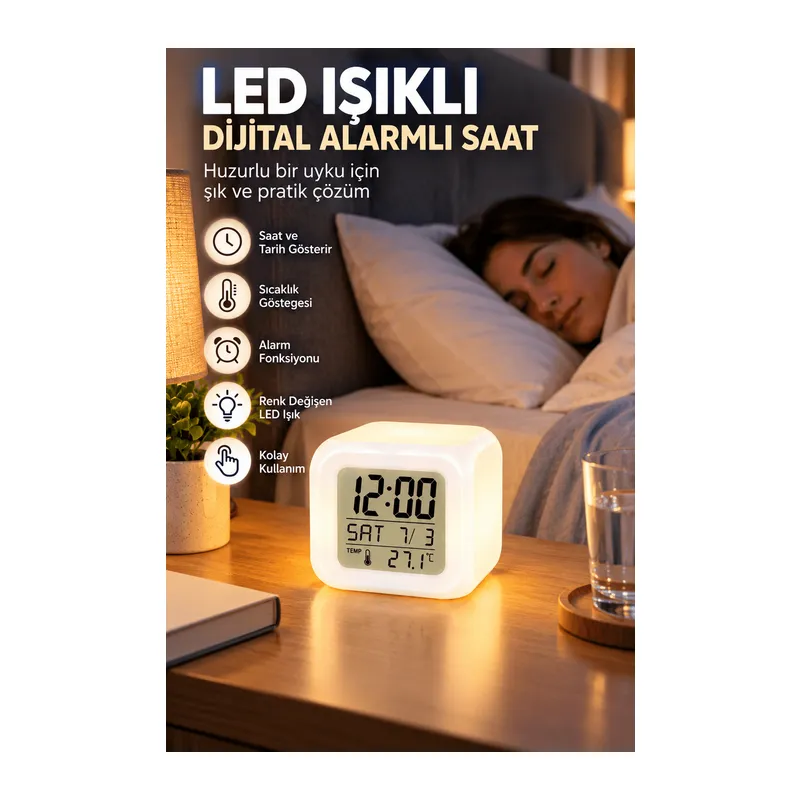 Dekoratif Küp Saat LED Işıklı Dijital Saat Alarm ve Sıcaklık Özellikli