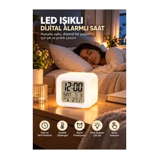 Dijital Ekranlı Küp Saat LED Işıklı Alarm ve Sıcaklık Göstergeli