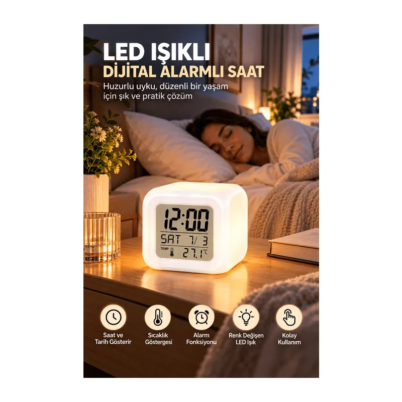 Dijital Ekranlı Küp Saat LED Işıklı Alarm ve Sıcaklık Göstergeli