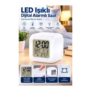 LED Aydınlatmalı Küp Saat Dijital Alarm Tarih ve Sıcaklık Göstergeli