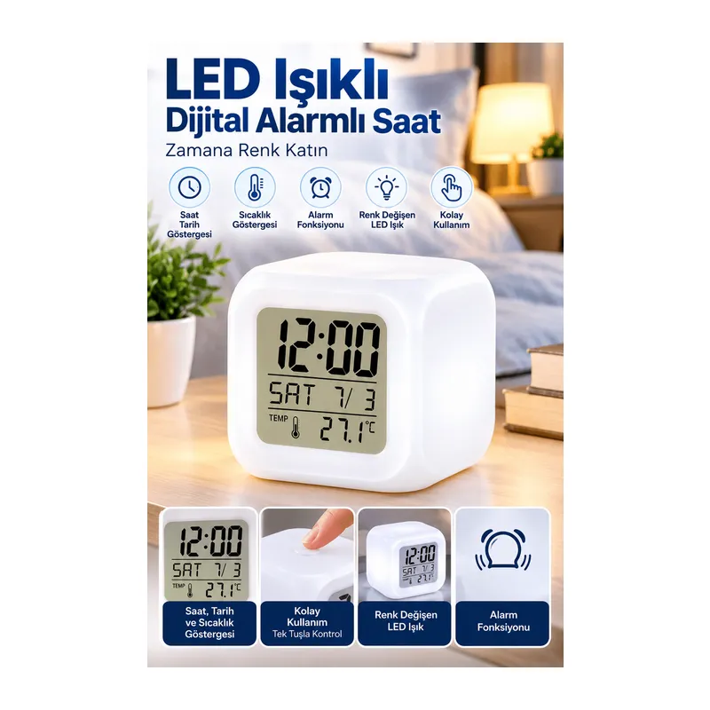 LED Aydınlatmalı Küp Saat Dijital Alarm Tarih ve Sıcaklık Göstergeli