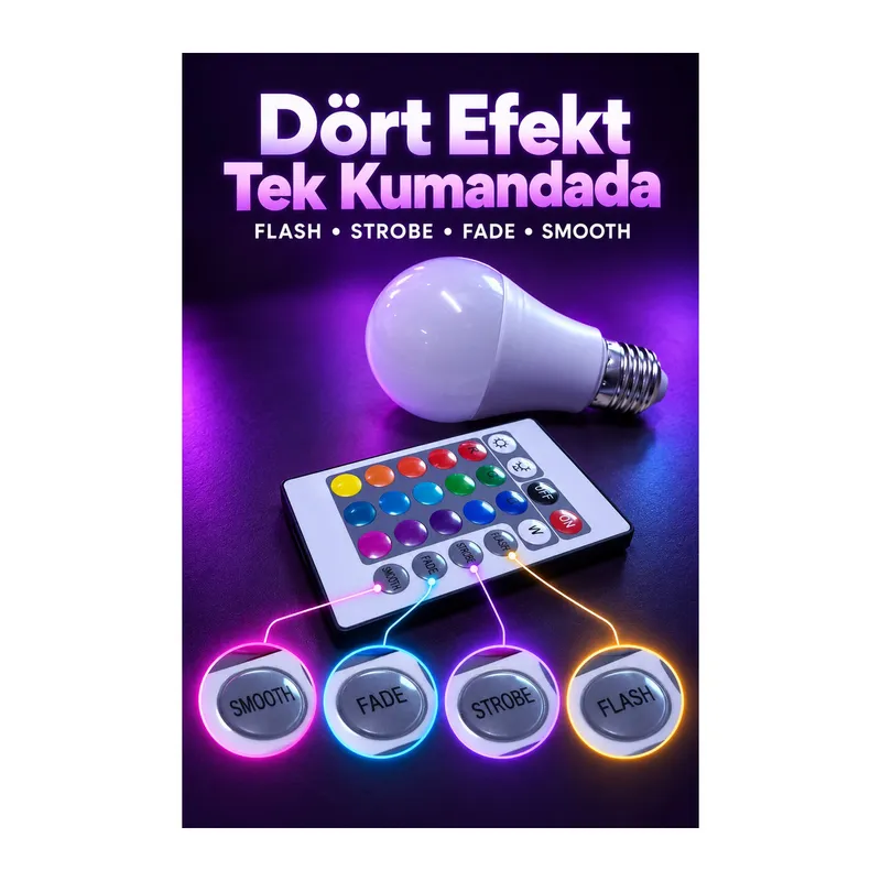 RGB LED Ampul Kumandadan Işık Efekti Seçimli