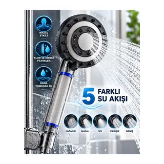 Klor ve Kireç Filtreli Duş Başlığı 5 Farklı Su Akışı Masaj Etkili Filtreli Duş Başlığı