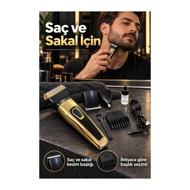 Saç Sakal Tıraş Makinesi Üç Değiştirilebilir Başlıklı