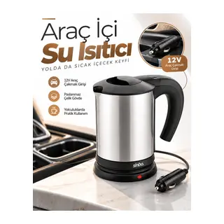 Araçta Sıcak Su Hazırlamak İçin 12V Çakmak Girişli Paslanmaz Çelik Su Isıtıcı Kettle