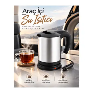 Araç İçi Kullanıma Uygun 12V Elektrikli Su Isıtıcı Paslanmaz Çelik Gövdeli Pratik Kettle
