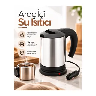 12V Araç Çakmak Girişli Paslanmaz Çelik Araç İçi Su Isıtıcı Seyahat Tipi Kettle