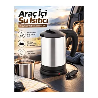Otomobilde Kullanıma Uygun 12V Çakmak Soketli Paslanmaz Çelik Pratik Su Isıtıcı Kettle