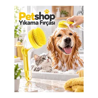 Kedi Köpek Banyo ve Masaj Fırçası Şampuan Hazneli Yumuşak Silikon Uçlu Yıkama Aparatı
