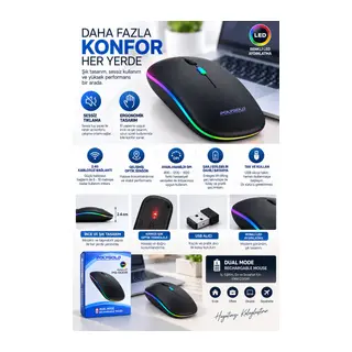 Kablosuz Şarjlı Sessiz Tıklamalı Ergonomik Mouse