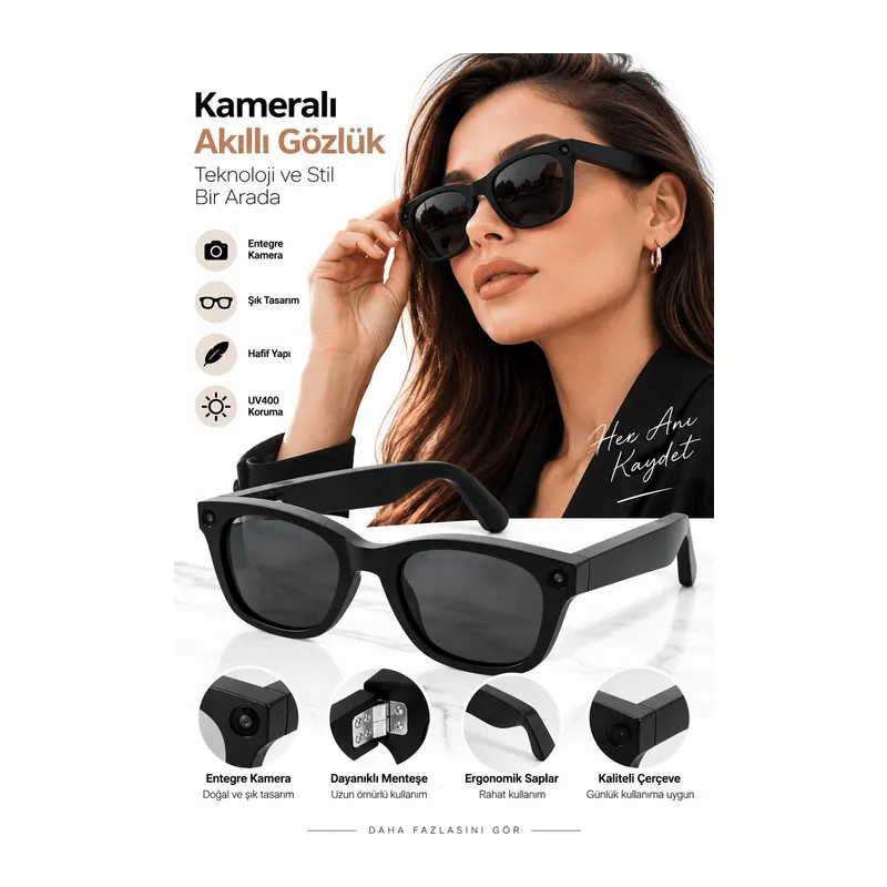 Kameralı Akıllı Gözlük Smart Glasses Güneş Gözlüğü Modern Siyah