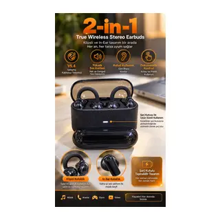 4 Kulaklıklı Kablosuz Bluetooth Kulaklık Klipsli ve Kulak İçi Kullanım 2’si 1 Arada Hi Fi Yüksek Ses Kalitesi Dokunmatik Kontrol Şarj Kutusu Siyah