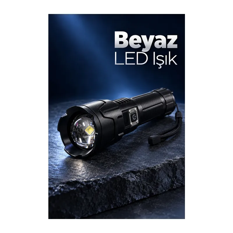 Şarjlı LED El Feneri Zoomlu Type C Şarjlı Dijital Batarya Göstergeli