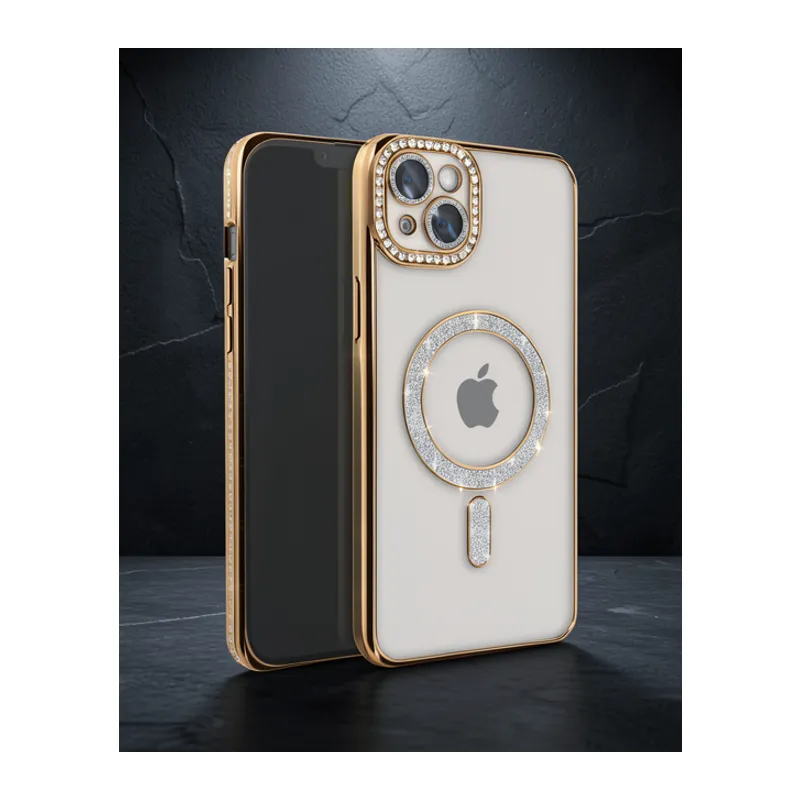 Apple İphone 14 Kılıf Joke Simli Magneticsafe Kılıf - Gold