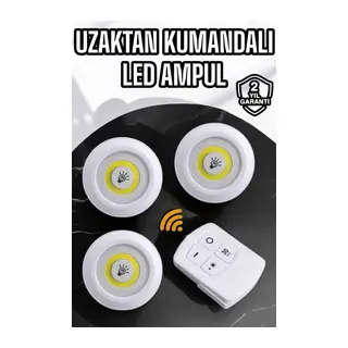 Spot Lamba Led Işık 3'lü Uzaktan Kumandalı Pilli Yapışkanlı Kablosuz