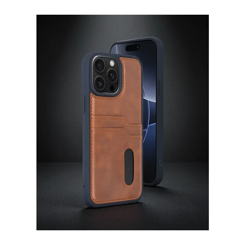 Apple İphone 15 Pro Max Kılıf Sara Kartvizitli Deri Kılıf - Taba