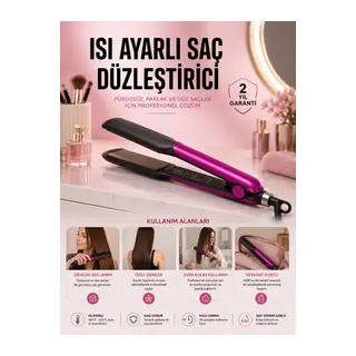 Saç Düzleştirici Isı Ayarlı Seramik Kaplama Döner Kablo Yıpranma Karşıtı