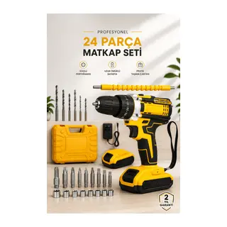 24 Parça Çift Bataryalı Şarjlı Matkap Seti 24W Motor ve Otomatik Mil Kilitli Tasarım