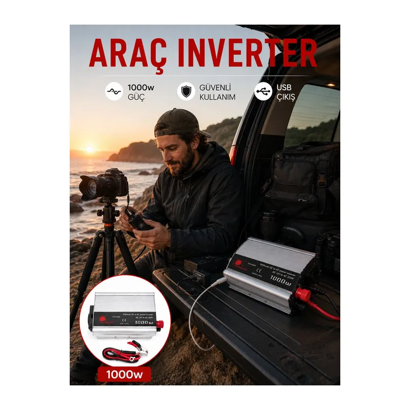 Araç Aküsünden Güvenli Elektrik Sağlayan 1000 Watt İnverter