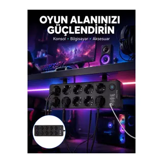USB ve Type-C Çıkışlı 10'lu Akım Korumalı Çoklu Priz Güç Dağıtıcı