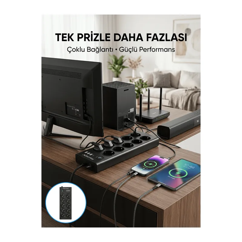 10 Prizli USB Destekli Çoklu Priz Type-C Şarj Girişli Güvenli Güç Ünitesi