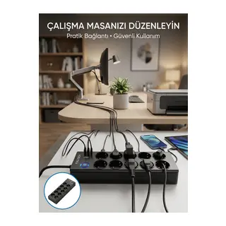 Akım Korumalı 10'lu Çoklu Priz USB-A ve Type-C Şarj Çıkışlı