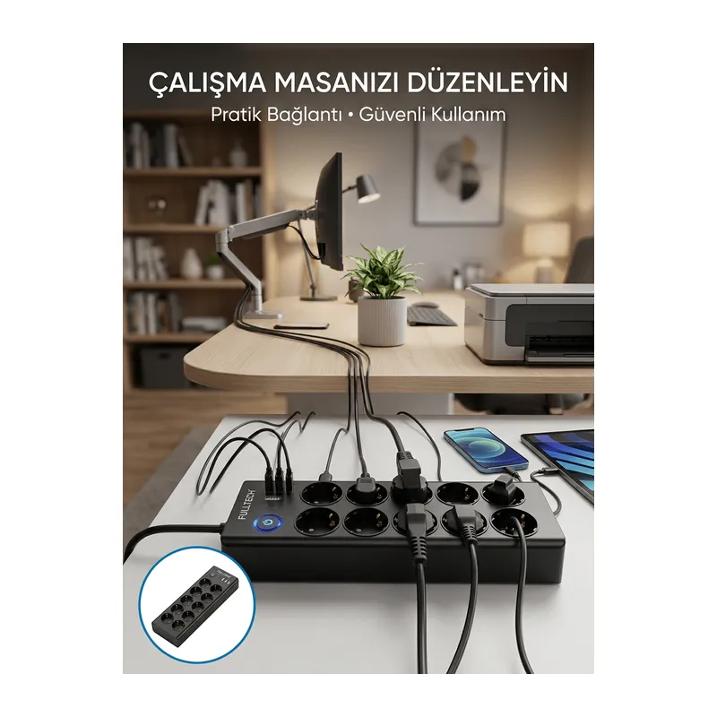 Akım Korumalı 10'lu Çoklu Priz USB-A ve Type-C Şarj Çıkışlı